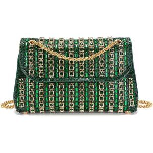 Women's Green Rhinestones Chain Shoulder Sparkly Cocktail Prom Party Clutch Bag